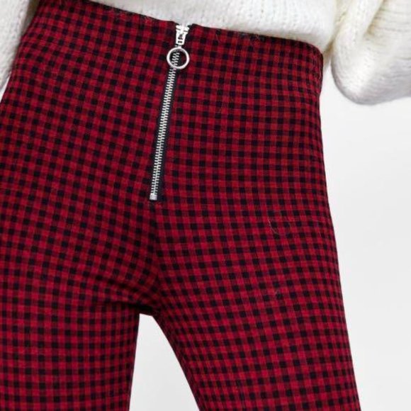 Zara Pants - ZARA Red and Black Checked Leggings, Front Zipper, Ankle Length
